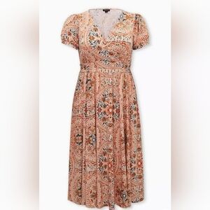 Torrid Peach Medallion Studio Knit Puff Sleeve Skater Midi Dress